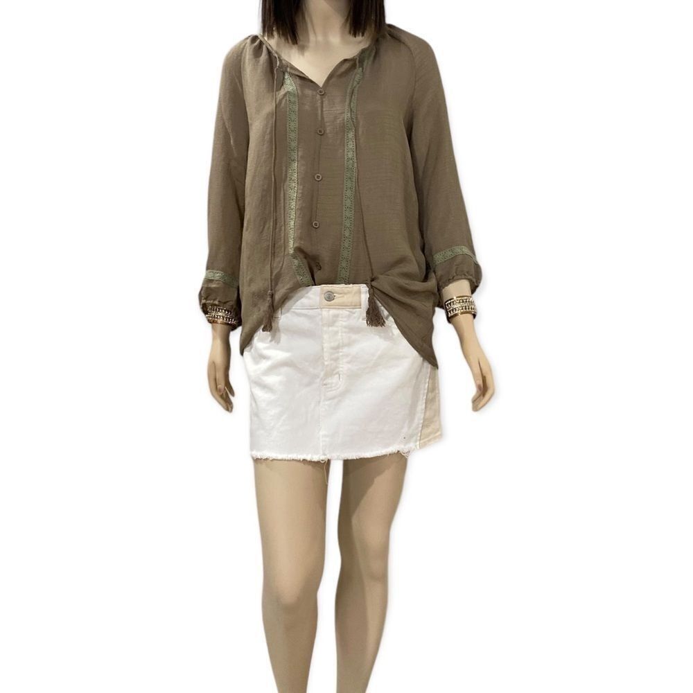 Boho Tassel Tie Neck 3/4” Sleeve Crochet Panel Casual Tunic Top NEW